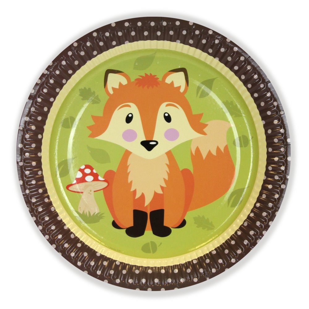 Paper plate with a fox design on a green background