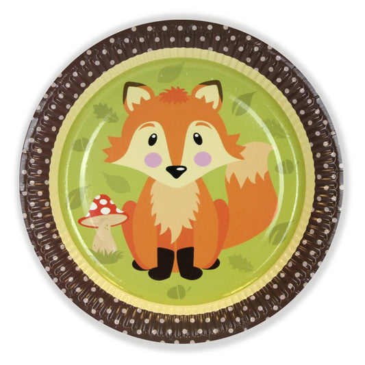 Paper plate with a fox design on a green background