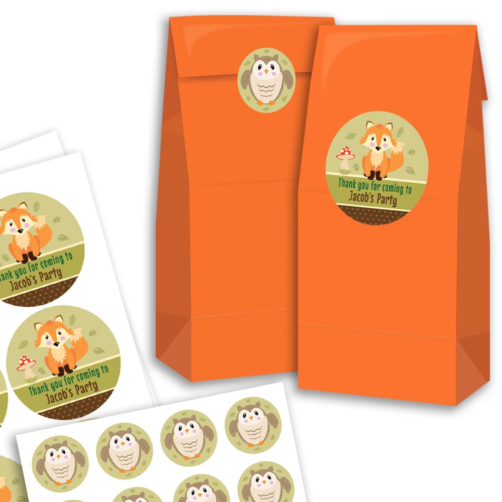 Orange goodie bags with fox-themed stickers on a white background