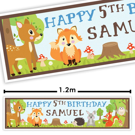 Woodland-themed birthday banner with animals and text 'Happy 5th Birthday Samuel' on a white background.