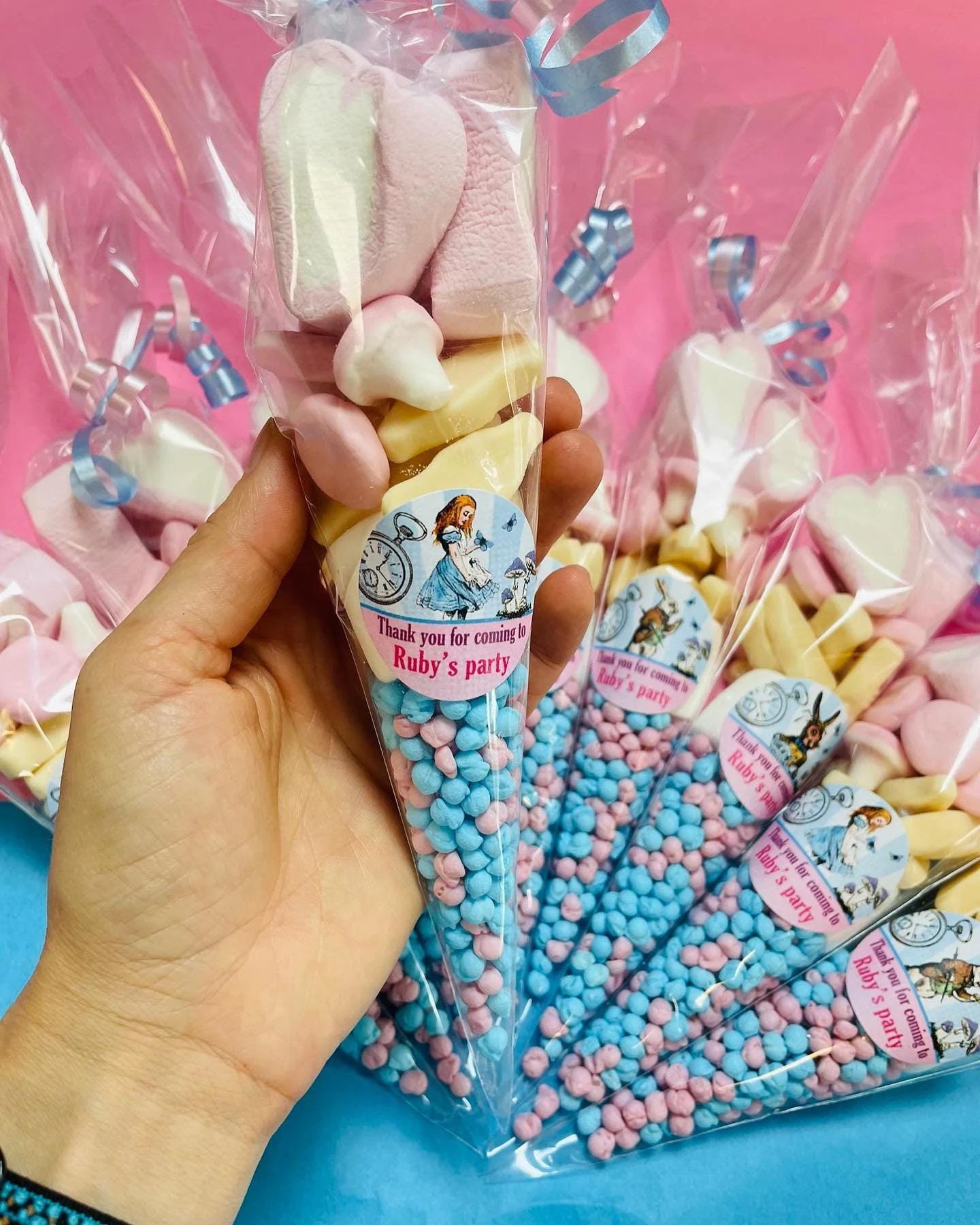 Personalised party sweet cones with pre filled sweets and birthday stickers