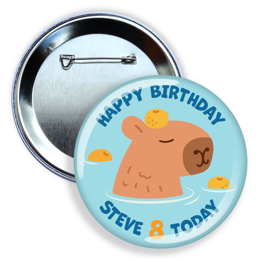 Button badge with a capybara illustration and 'Happy Birthday Steve & Today' text on a blue background.