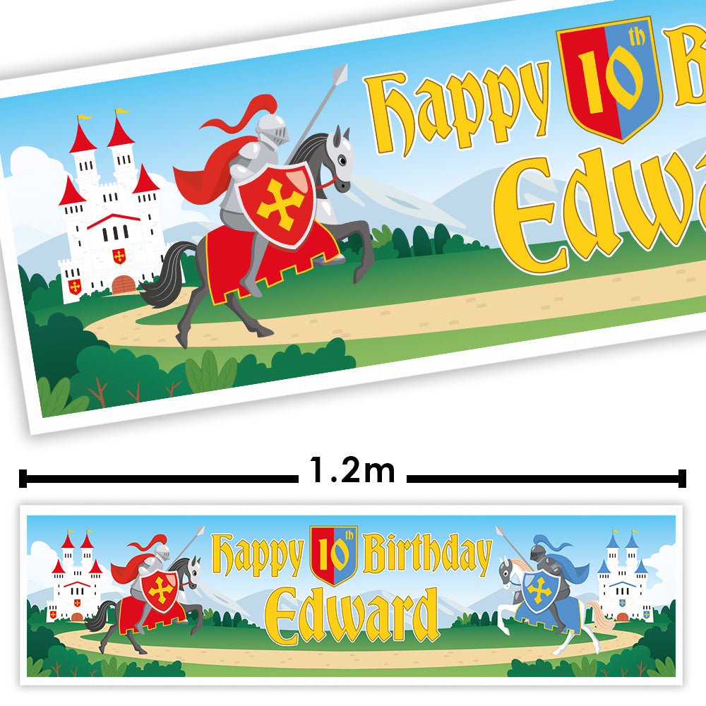 Birthday banner with a knight design and castle, featuring 'Happy 10th Birthday Edward'.