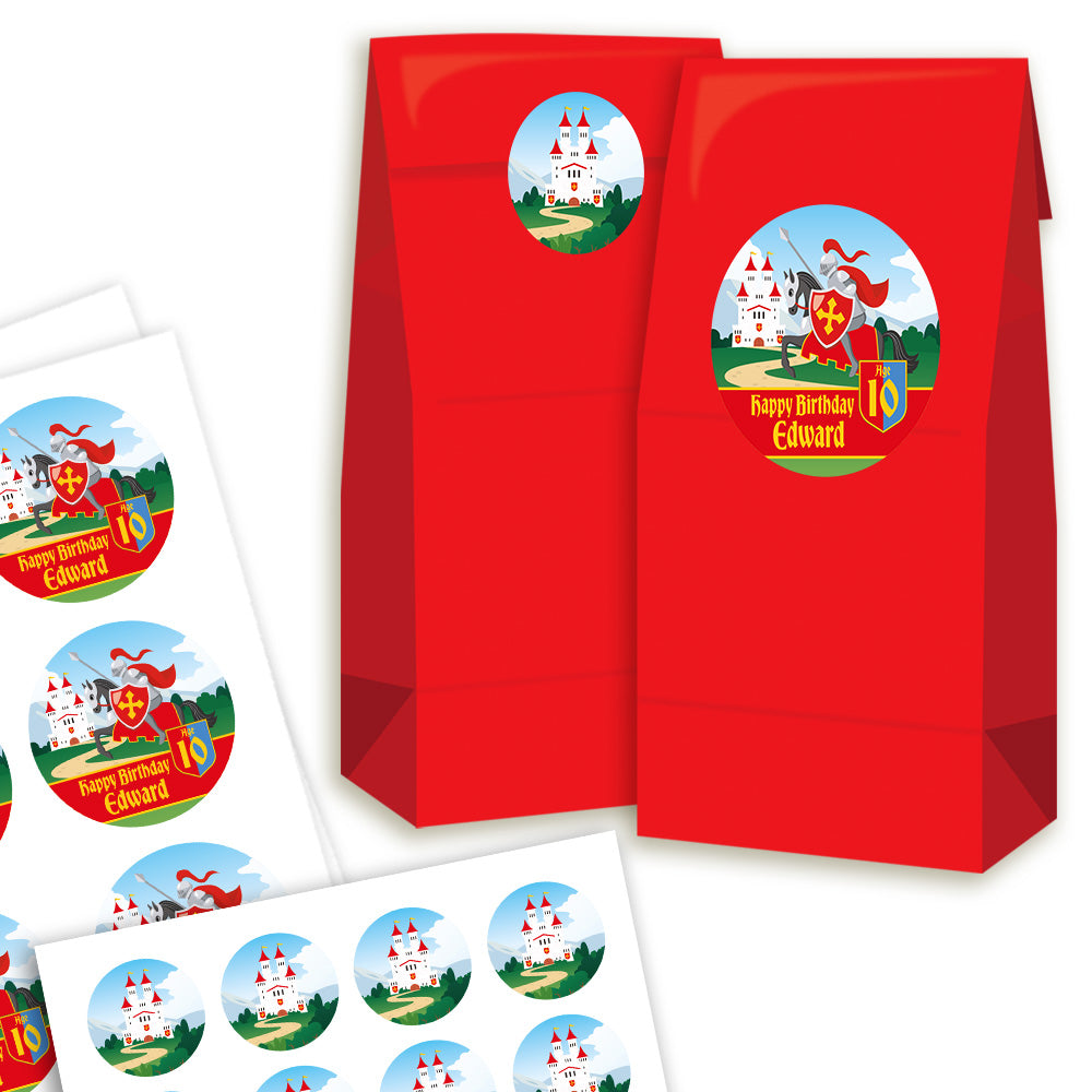 Red gift bag with castle design and 'Happy Birthday Edward' text, surrounded by matching stickers on a white background.