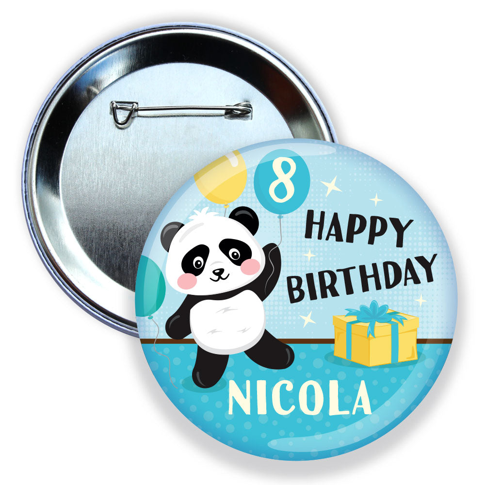 Round birthday button with panda design and text on a white background