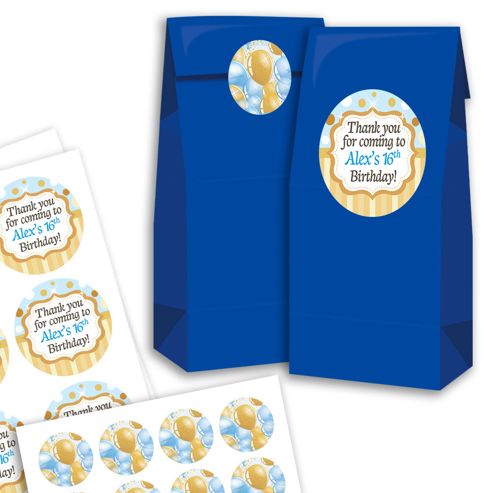 Blue gift bag with personalized stickers for a birthday celebration on a white background