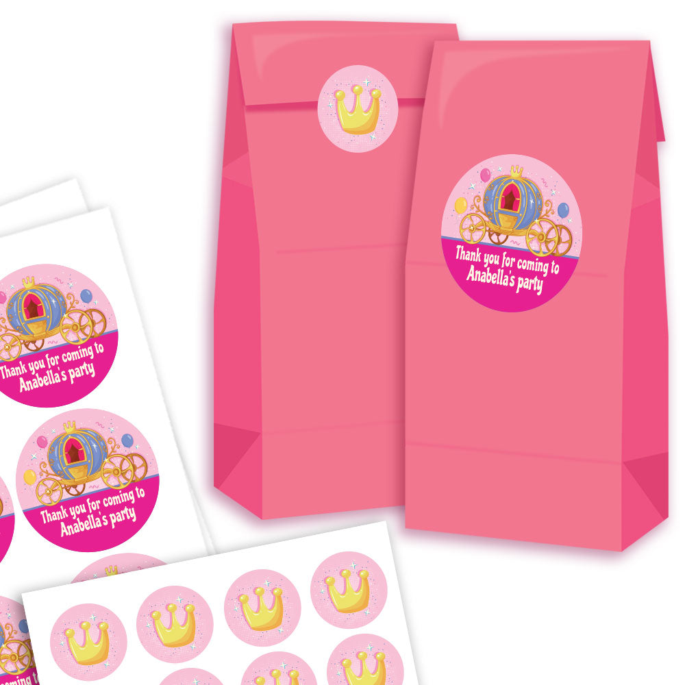 Pink party favour bags with princess carriage stickers on a white background
